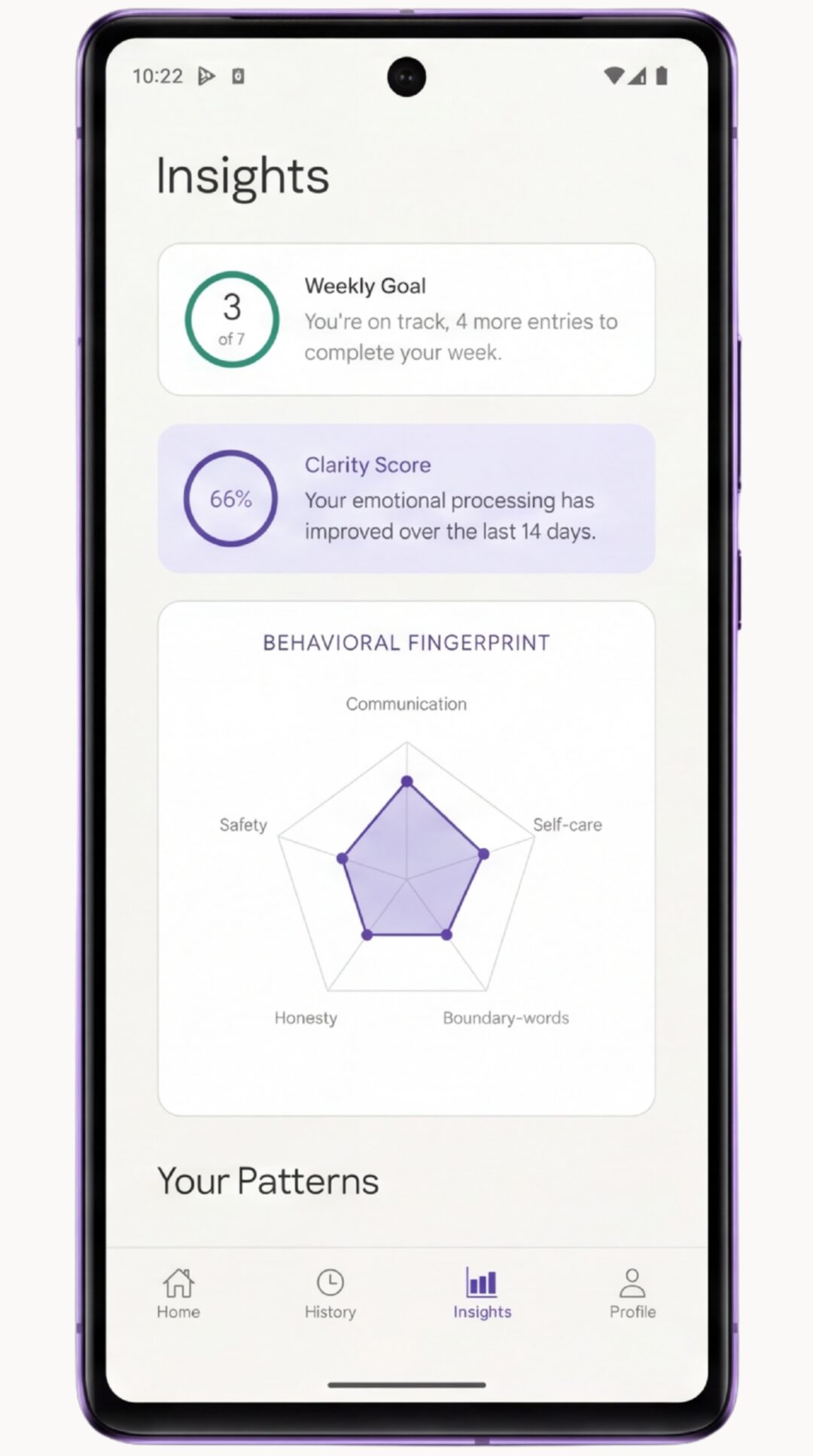LensDay insights screen showing patterns across recent check-ins