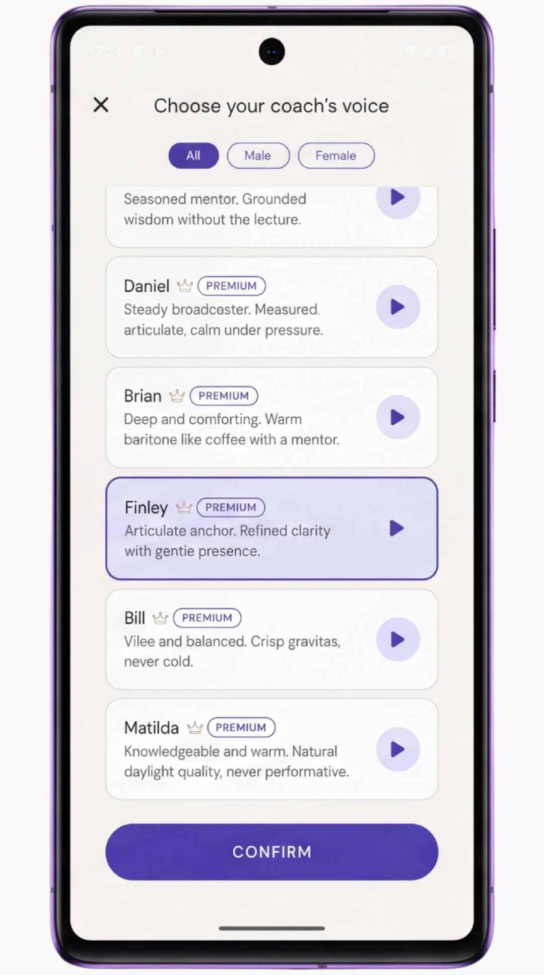 The coach voice picker — preview and choose a voice