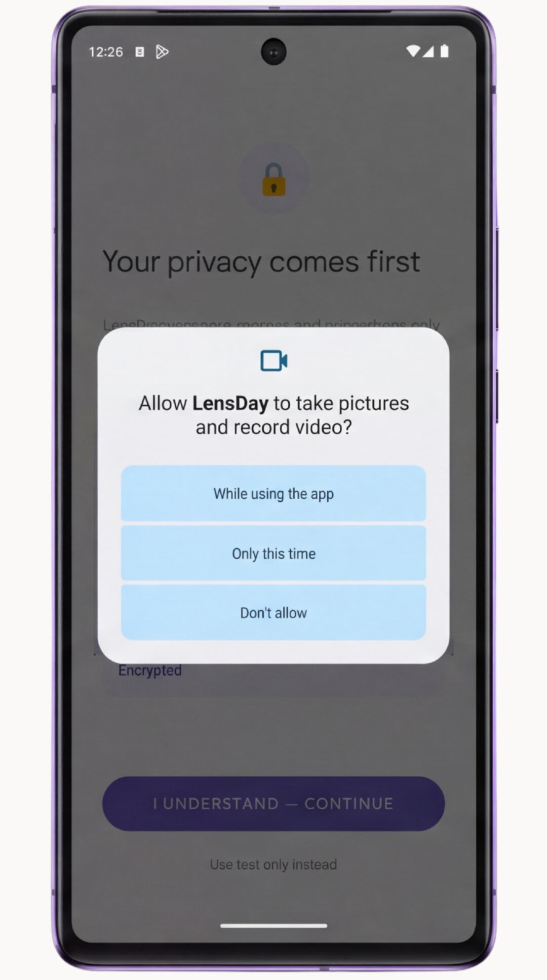 The camera-permission prompt — tap Allow
