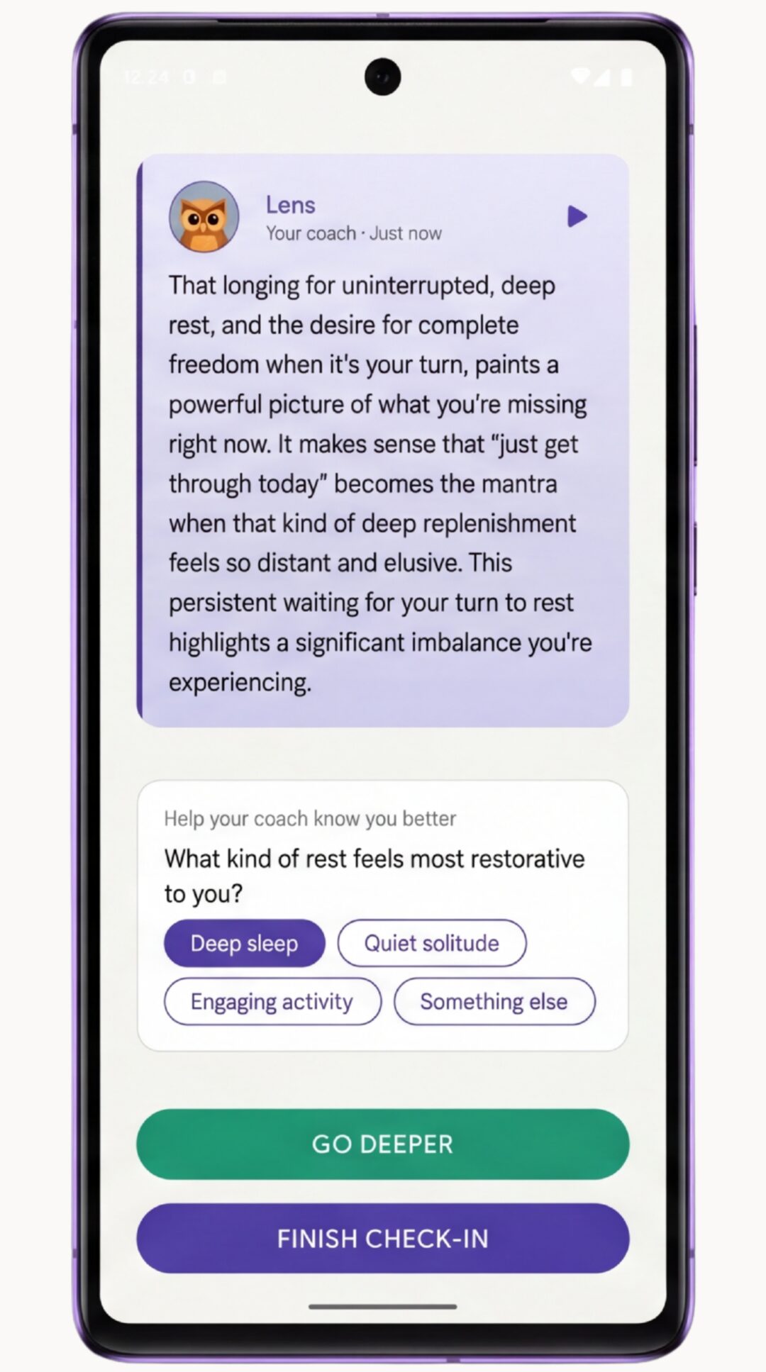 Your coach's reflection with the Listen controls and a go-deeper question