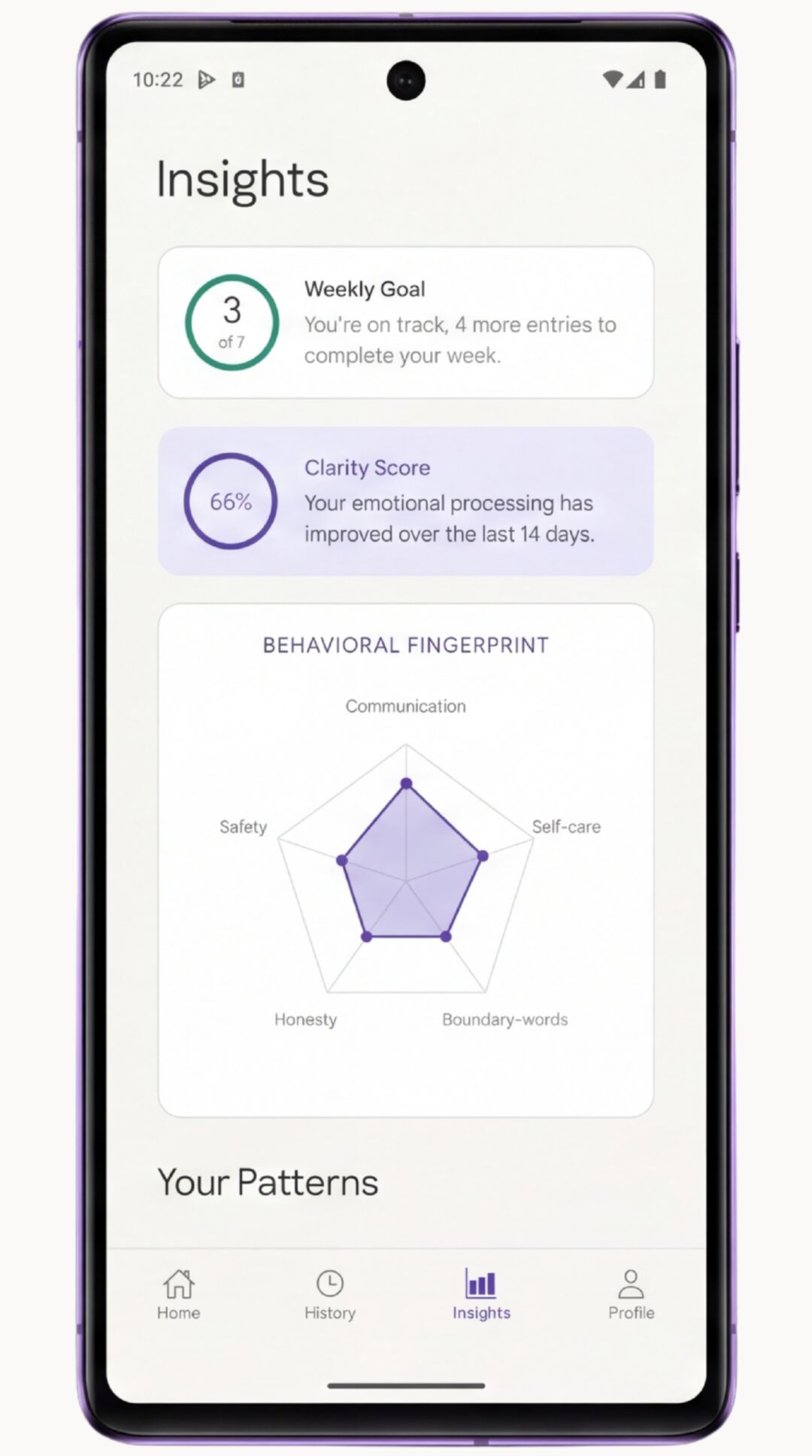 The Insights screen with pattern cards