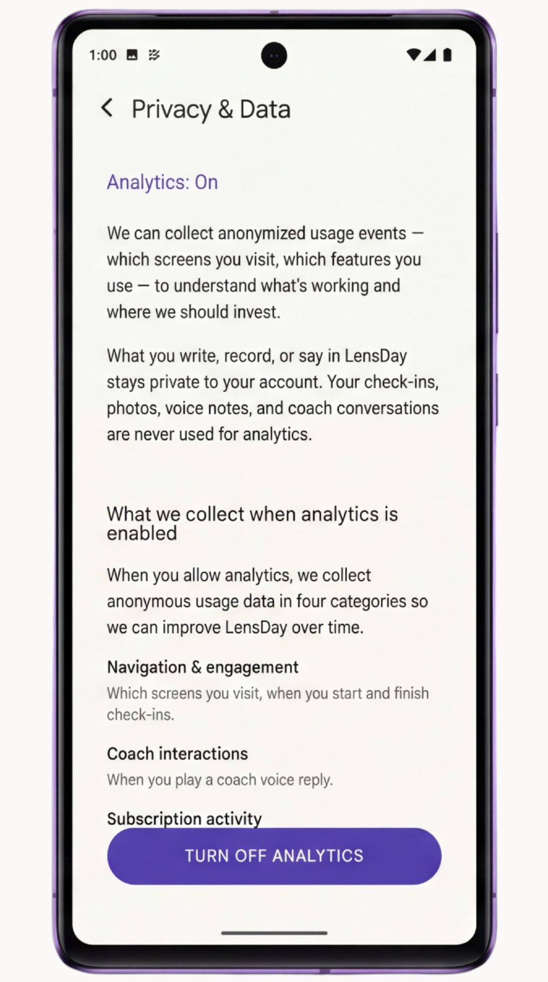 The Privacy & Data screen, where you change your analytics choice